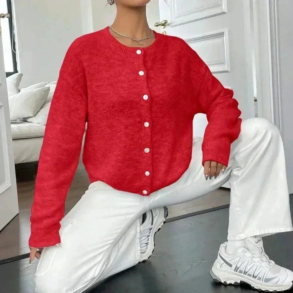 Red Casual Women's Loose Cardigan - Picture 6 of 8